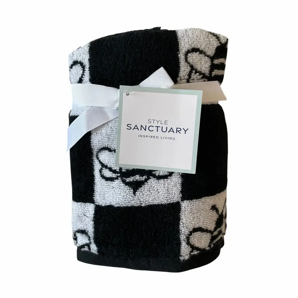 Chic Black & White Checkered BEE Hand Towel Set of 2 100% Cotton